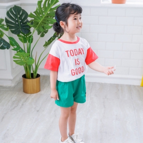 2018夏季新款童装韩版亲子装拼肩简约字母童T恤短袖家庭装